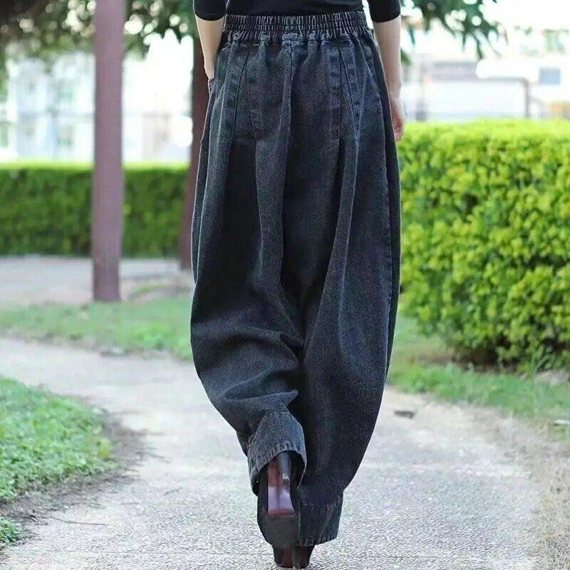 Celana panjang kaki lebar Vintage wanita, Jeans pinggang elastis pinggang tinggi Harlem ukuran besar kasual musim semi musim gugur