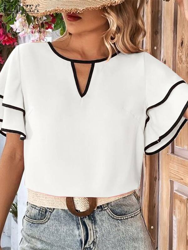 Блузка ZANZEA женская с коротким рукавом, повседневная свободная туника с цветными блоками, с оборками, элегантная ажурная рубашка с круглым вырезом, лето 2024
