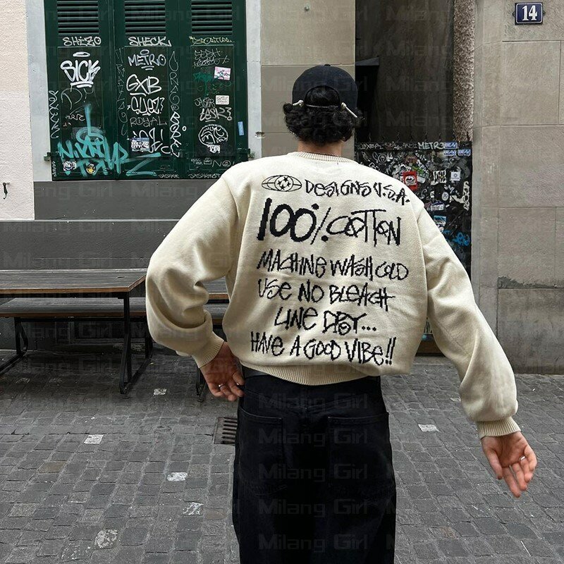 Pull Harajuku décontracté en coton pour homme et femme, pull tricoté avec lettres graphiques, style Hip Hop, Streetwear, unisexe, collection hiver