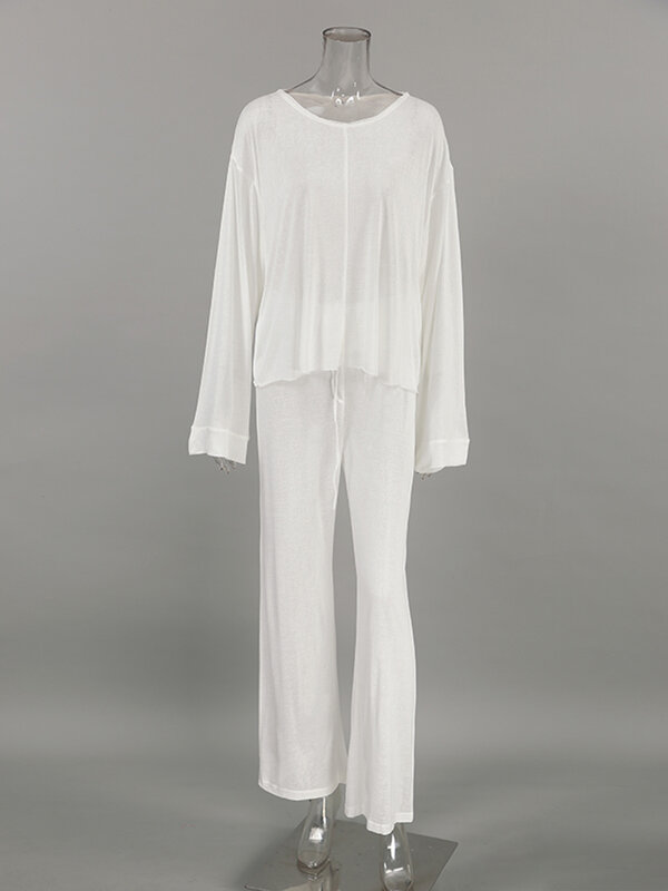 Hiloc-女性の長袖巾着ホームスーツ、ゆったりとしたパジャマ、ラウンドネックの服、透明、2ピースセット
