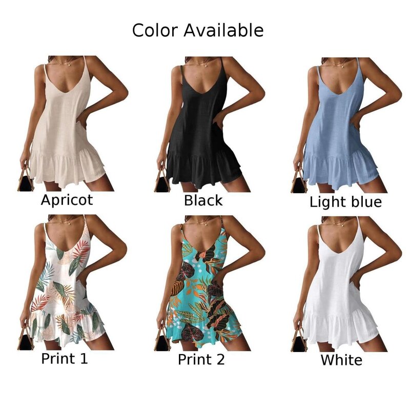 Платье женское короткое из полиэстера, удобная повседневная свободная Однотонная рубашка без рукавов, на бретелях, с V-образным вырезом, на лето
