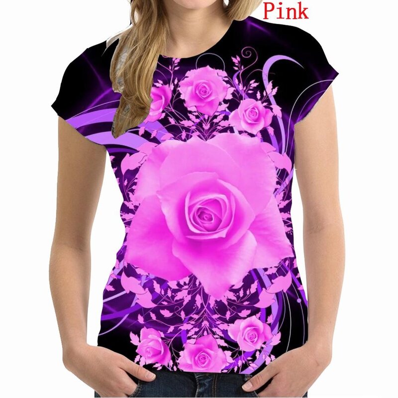 Women 3D Rose Flower Print T Shirt Fashion Ladies T-shirt New Summer Loose Women's Flowers Print Top