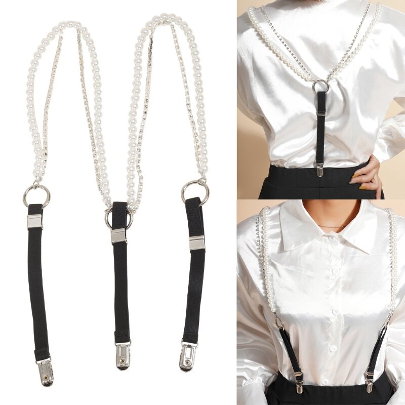 Unisex Y Shape Elastic Clip on Suspender Strap Women Men Pearl Rhinestone Trousers Suspender Adjustable Pants Brace Belt Strap