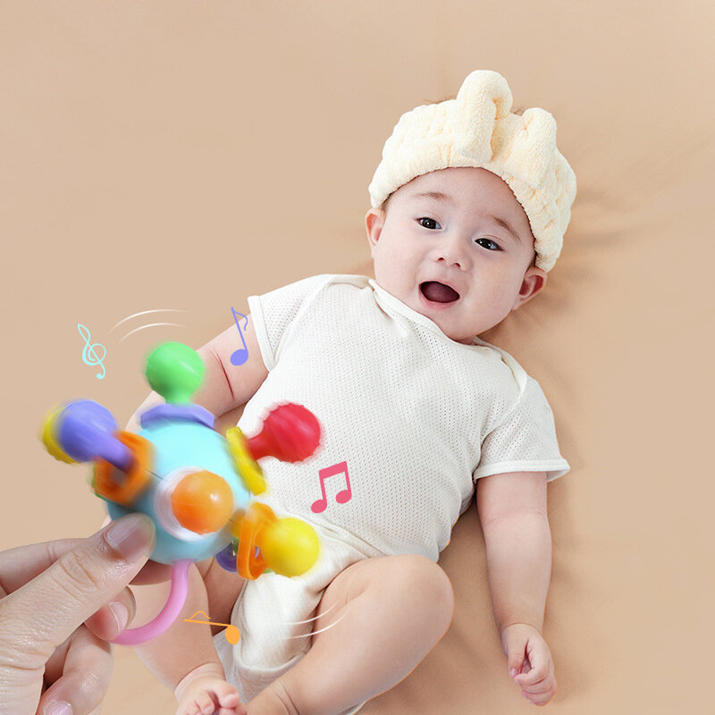 回転するシリコーン歯が生えるガラガラのおもちゃ、モンテッソーリ赤ちゃんのおもちゃ、バックピューティングアクティビティの開発、感覚ボール、0〜12か月