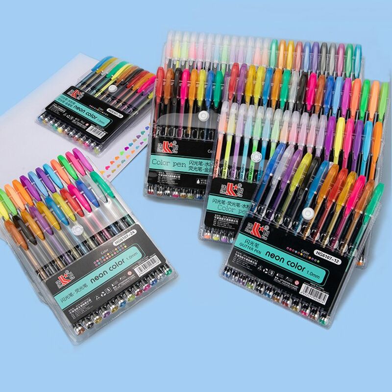 12 warna/Set Glitter gambar sketsa pena warna pena Gel Set isi ulang Rollerball Pastel Neon Marker alat tulis kantor sekolah