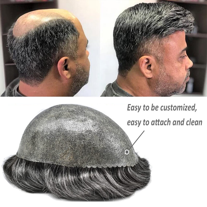 0.12-0.14 Injection Thin Skin PU Base Men's Wigs Male Hair Capillary Prosthesis 100% Human Hair Replacement System Hairpiece