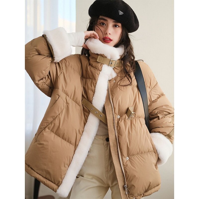 Jaket bebek hangat Vintage wanita, mantel longgar kerah berdiri, atasan domba manis musim gugur dan dingin kualitas tinggi