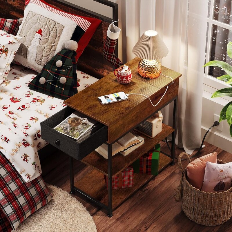 Mesa lateral marrom rústica com estação de carregamento, mesas finais, sala de estar, quarto, casa, escritório, mesa lateral do sofá