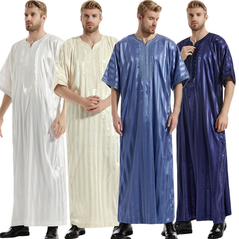 줄무늬 이슬람 남성 Jubba Thobe 자수 지퍼 포켓 로브 thous b Eid 라마단 두바이 아바야 드레스 이슬람 의류 아랍 Kaftan
