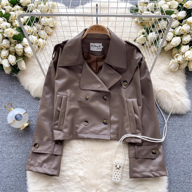 한국 여성 캐주얼 짧은 인조 PU 가죽 재킷, 용수철 가을 라펠 긴팔 더블 브레스트 여성 바이커 재킷, 2023 신상