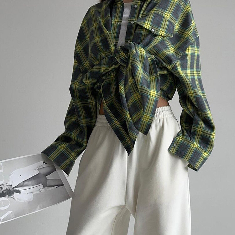 Moda damska w kratę drukowana obszerna koszula Casual luźny, z klapami bluzka z długim rękawem 2024 jesień damskie moda uliczna w stylu Vintage