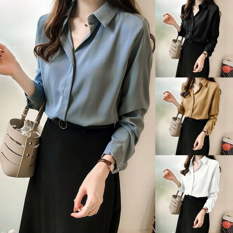 Women Casual Sspring And Summer Solid Color Long Sleeved Simple V Neck Shirt Tops Loose Simplicity Ladies Shirts Blouse