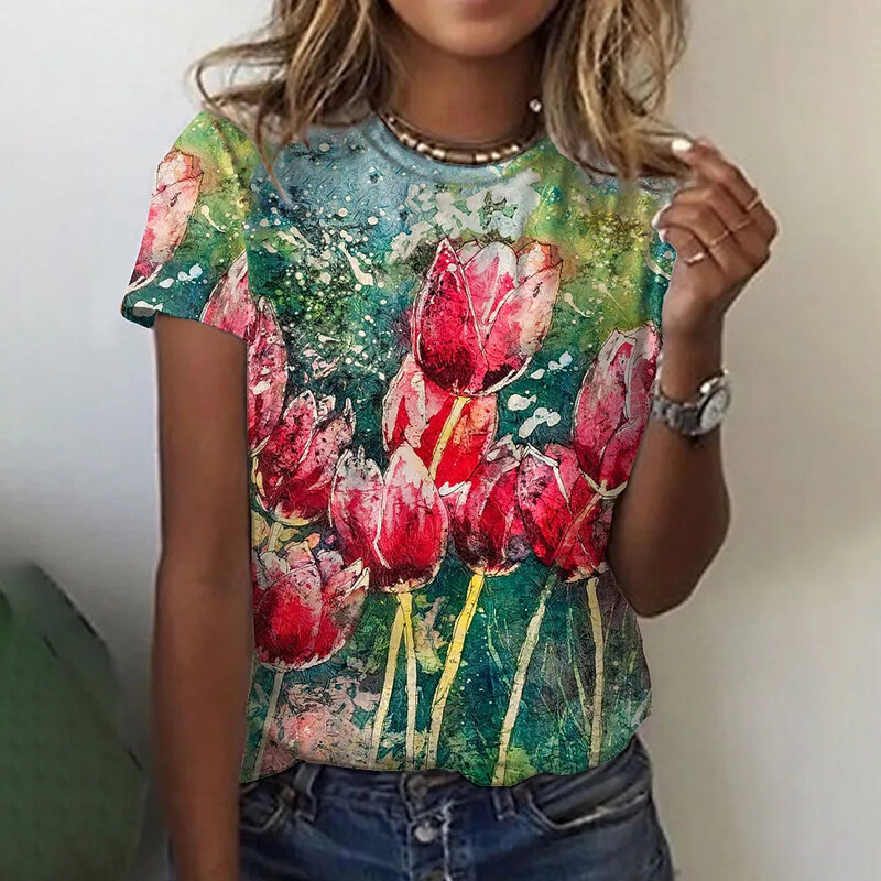 Женские футболки, модная футболка с цветочным принтом, футболки с цветами и растениями, летняя одежда, Базовые Женские топы, пуловер оверсайз с принтом, 2023