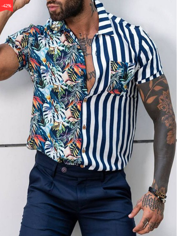 2022 wiosenna męska bluzka w roślinny wzór w stylu Casual, w paski koszule z nadrukiem Streetwear męska odzież Cardigan kieszeń z długim rękawem sukienka koszula