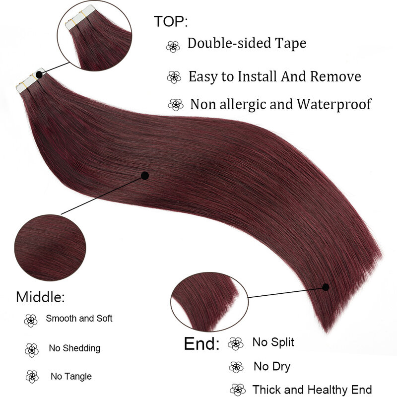 Extensiones de Cabello con cinta recta para mujer, cabello humano rojo vino # 99j, cinta Invisible sin costuras, extensión de cabello Borgoña