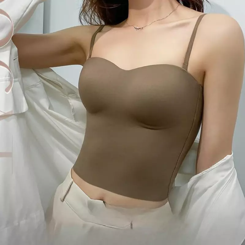 Summer Solid Ice Silk Camisole for Women Push Up Crop Tops Mujer Ropa Summer Sexy All-match Casual Soft Tube Tops Топ Женский