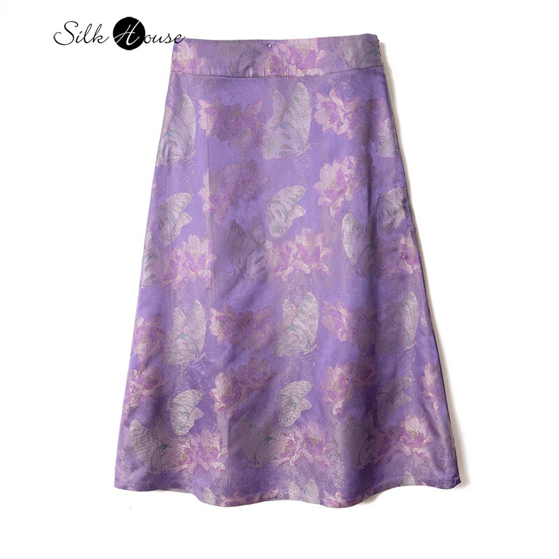 Женская летняя модная новая тяжелая юбка из 2024 натурального шелка тутового шелкопряда, Новая китайская юбка с принтом фиолетовых бабочек, 100%