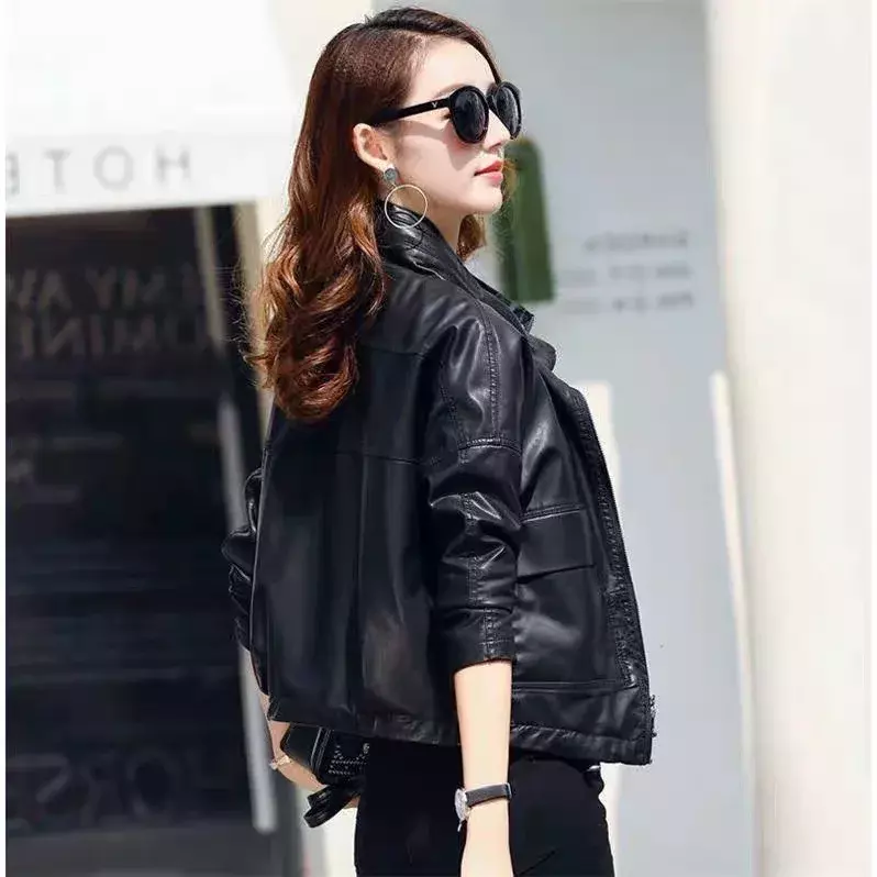 2023 Solid Fall Women Bike Coat Faux Leather Outwear Zipper Outfit Spring Autumn Wome Fashion Short Pu black Female Jacket Coat