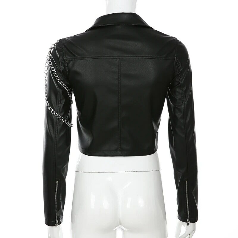 Chaquetas recortadas de cuero para mujer, abrigo corto de motocicleta con cremallera de manga larga, color negro de imitación, a la moda