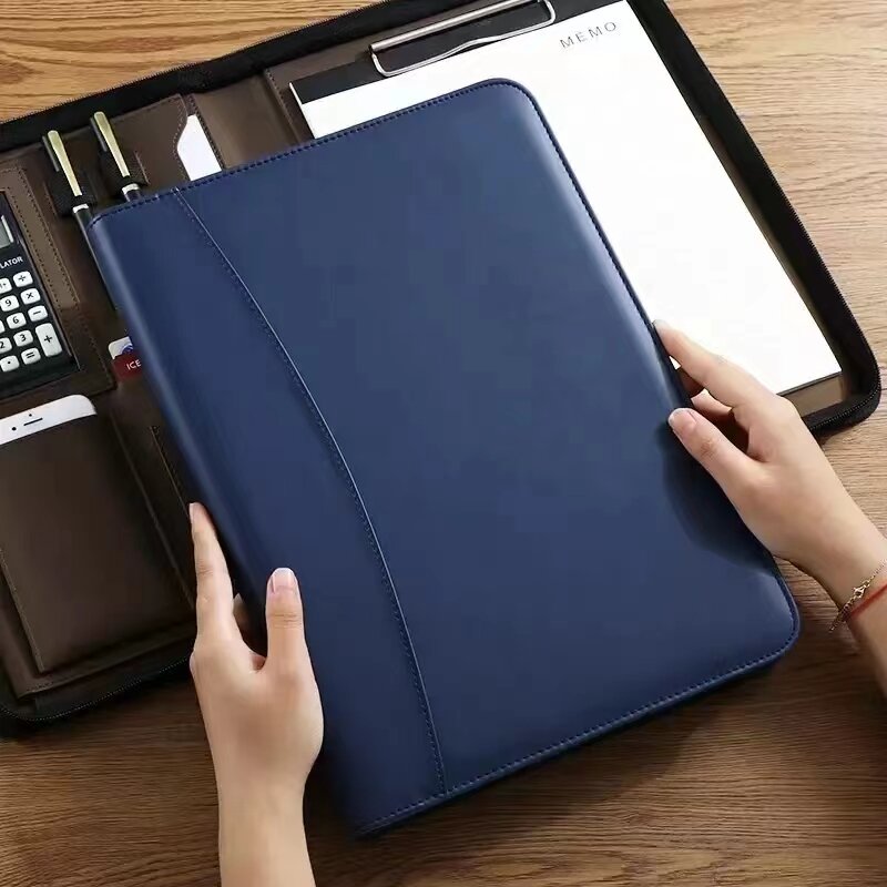 PU Leather Portafolio A4 Document Case Zipper Business Padfolio Leather Folder Binder A4 Portfolio Case With Calculator