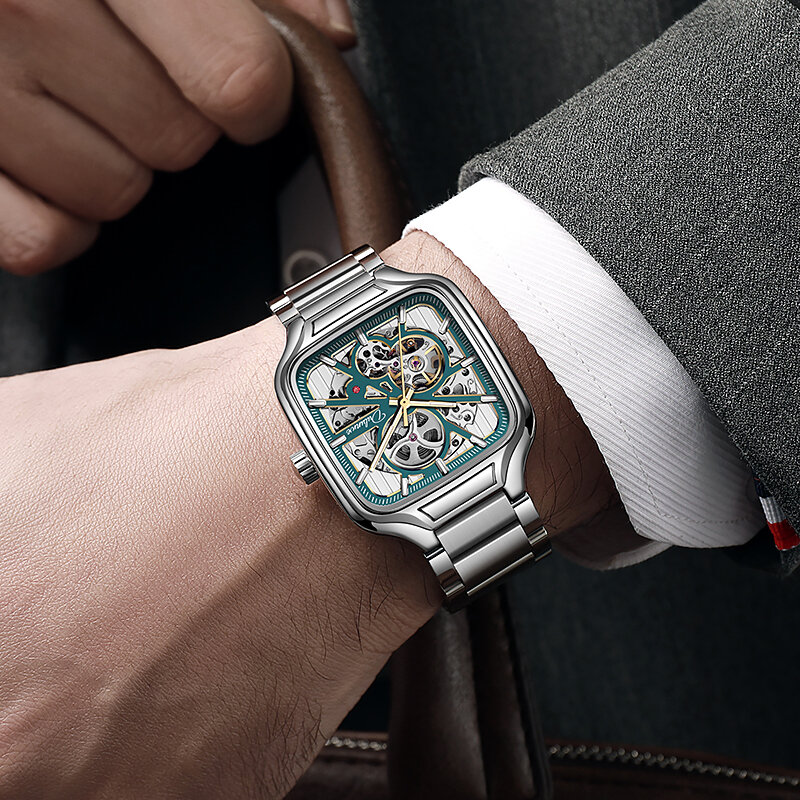 Szkieletowy zegarek mężczyźni modne ze stali nierdzewnej wysokiej jakości kwadratowa tarcza świecące automatyczne zegarki mechaniczne Relogios Masculino