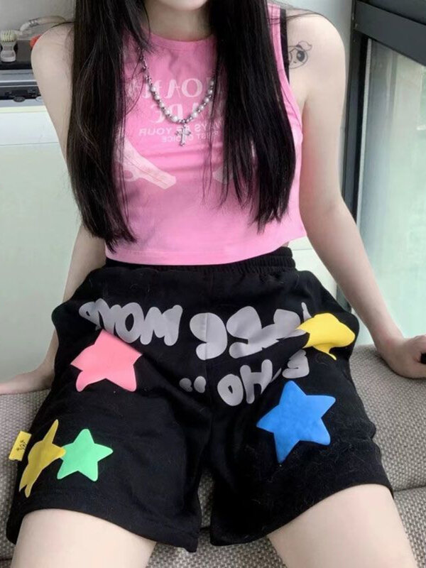 Deeptown-Shorts estampa estrela feminina, moletom Y2K, calças de jogging largas, streetwear esportivo, cintura alta, perna larga, grunge, hip hop, harajuku