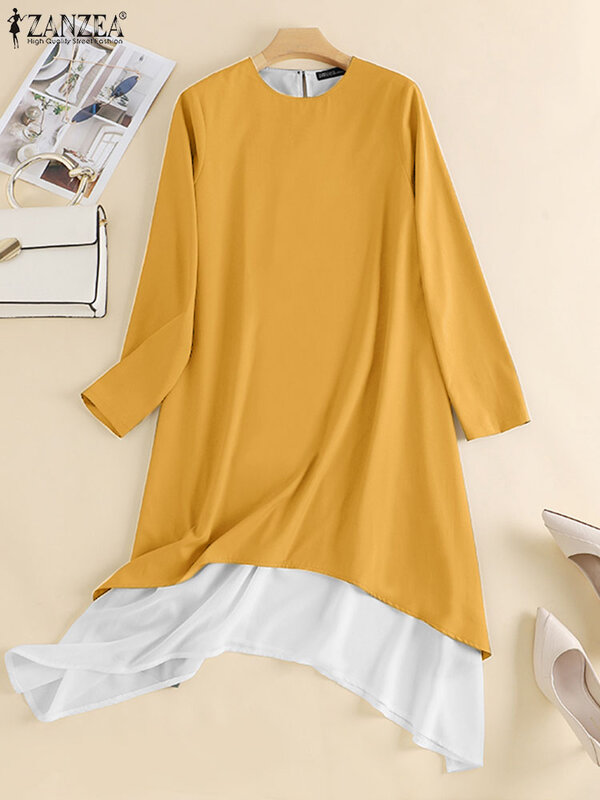 ZANZEA musulmana-Blusa de manga larga para mujer, camisa con dobladillo de retazos, Hijab, estilo informal, Abaya, Dubái, Turquía, otoño