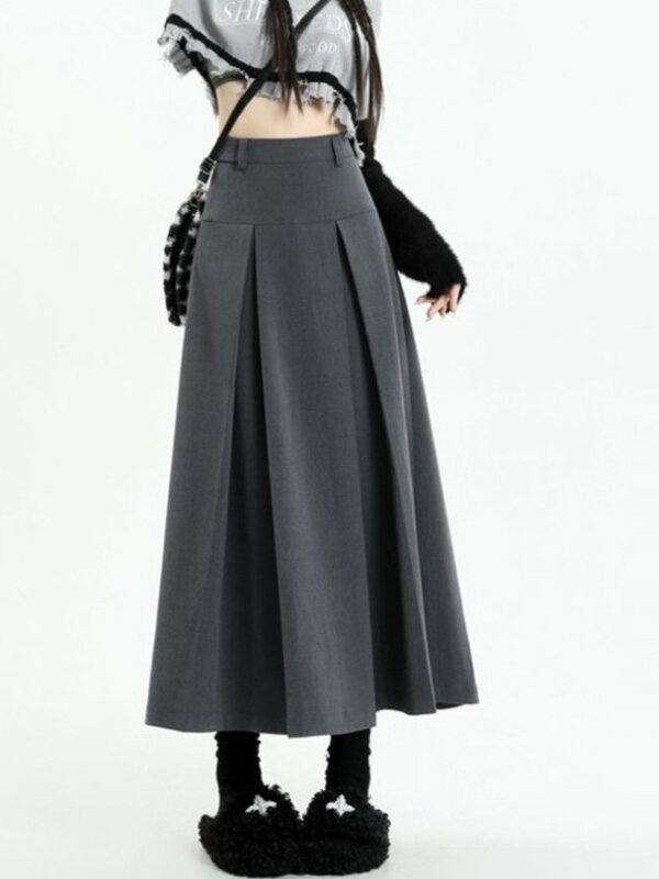 Saia plissada de comprimento médio para mulheres, vestido estilo coreano, cintura alta, vintage, cinza, moda y2k, primavera/verão