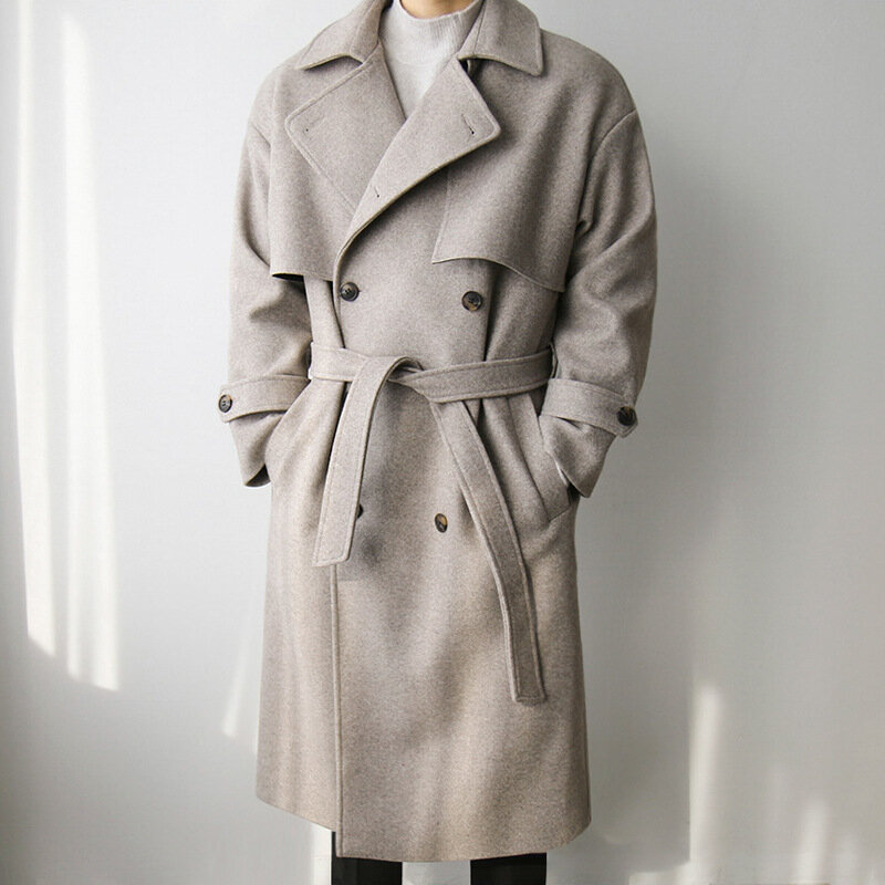 男性用ウールコート,冬用ロングコート,厚手,韓国版,高性能ウインドブレーカー