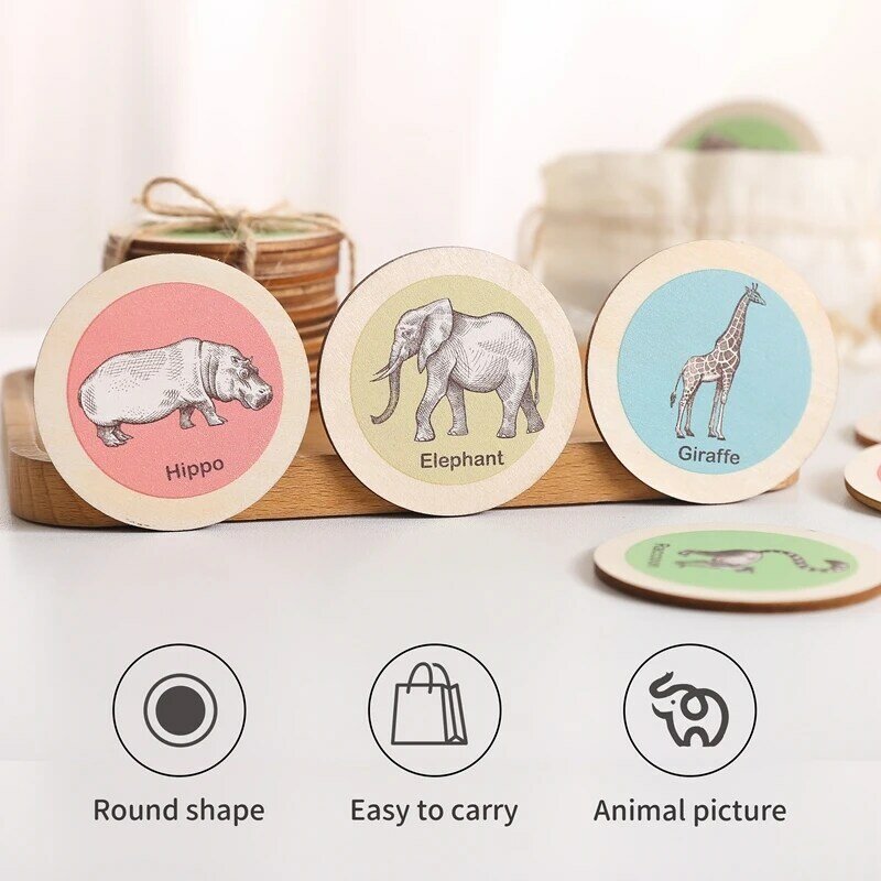 Baby Wooden Chips Colorful Round Cards Montessori Education Learning Animal Toys for Kids Parent-child Interaction Puzzle Game