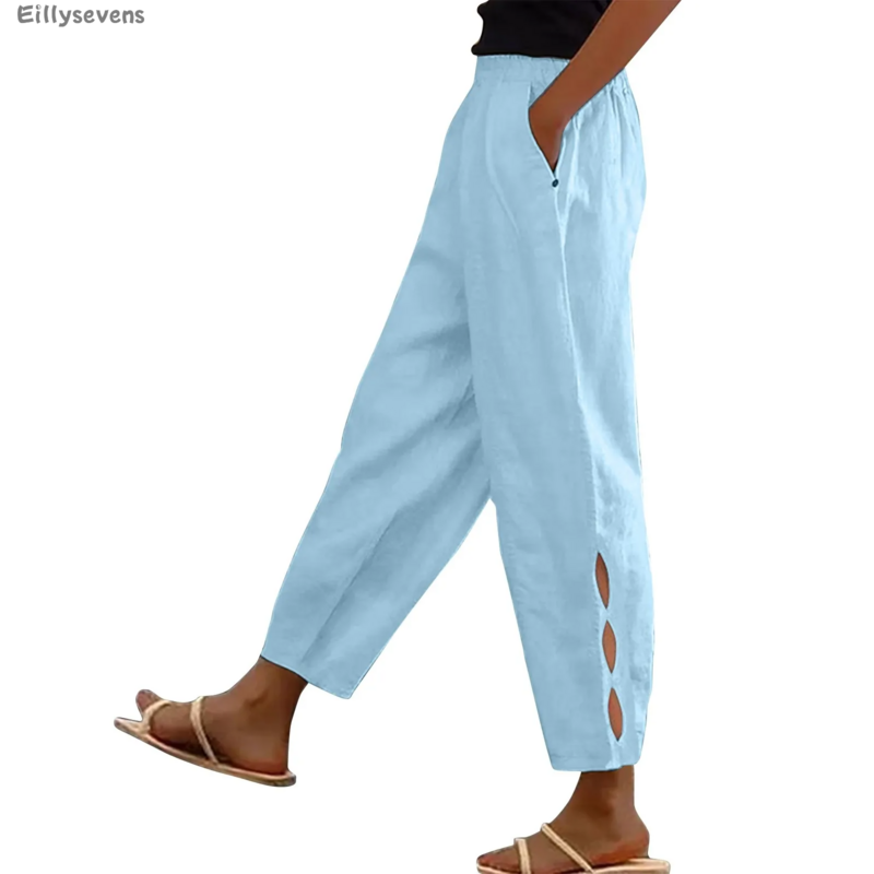 Pantalones recortados de lino y algodón para mujer, pantalón sencillo de Color liso, informal, diario, con bolsillos laterales, con botón hueco en la pierna