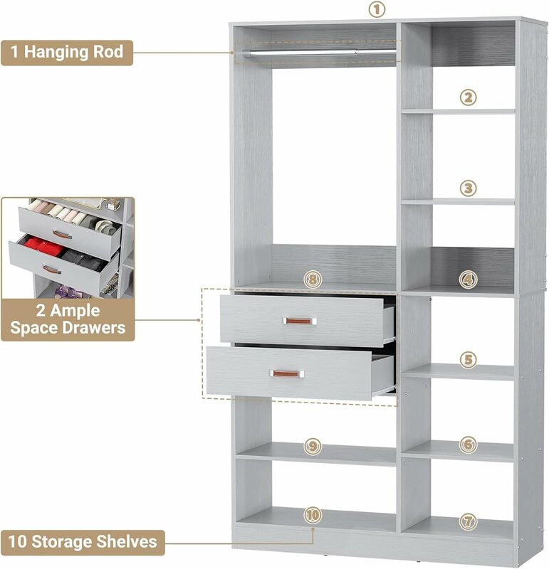 Sistema armadio autoportante, armadio Stand-Alone da 40 pollici con 10 ripiani portabiti in tessuto regolabile in altezza da 80 ''con 2 cassetti