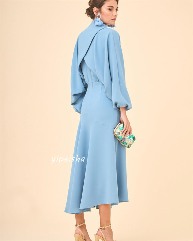 Ball Dress Evening Jersey Draped Pleat Ruched Party A-line High Collar Bespoke Occasion Gown Midi Dresses Saudi Arabia