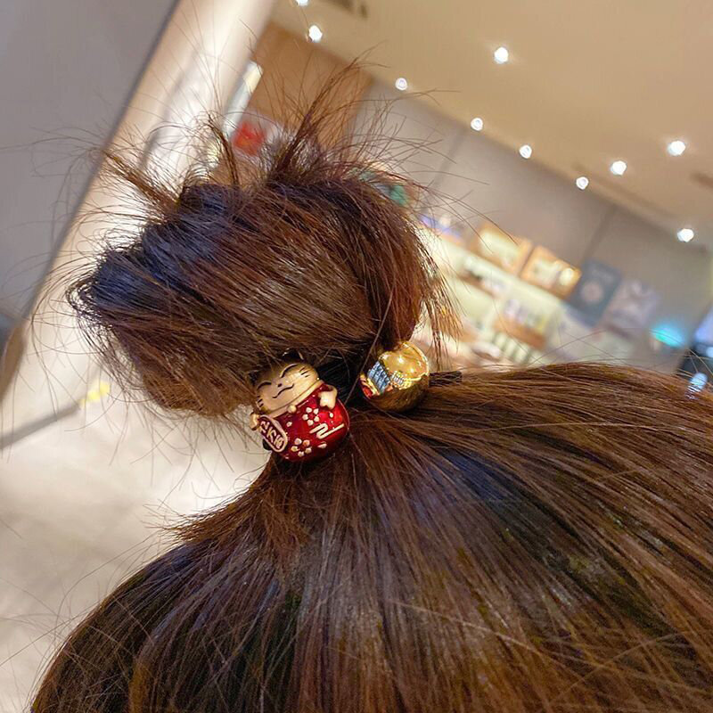 1Pc Cartoon Resin Lucky Cat Head Rope Bracelet Dual-Purpose Simple Ponytail Headdress Hair Tie Elastic Bands for Women Girl