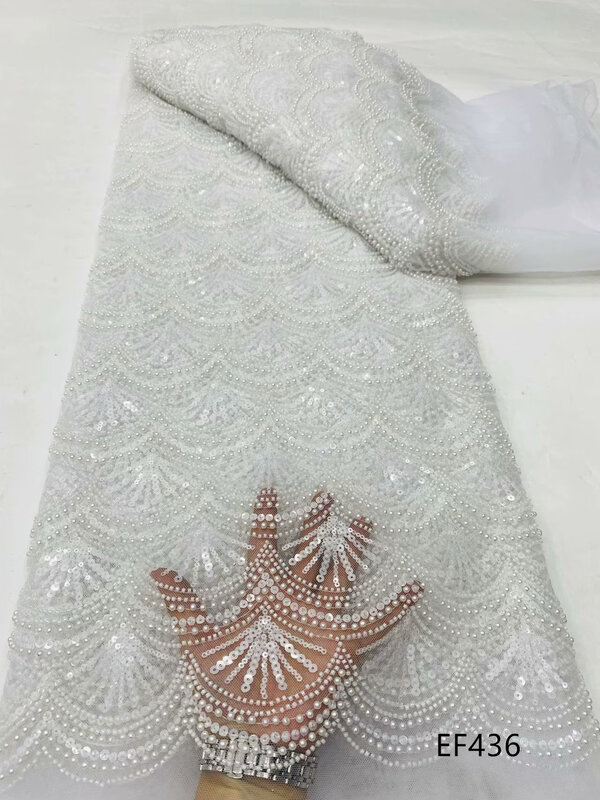 Tessuto ricamato con paillettes floreali squisiti, tessuto ricamato per abito da sposa ricamato con tubo di perle, tessuto di pizzo ricamato
