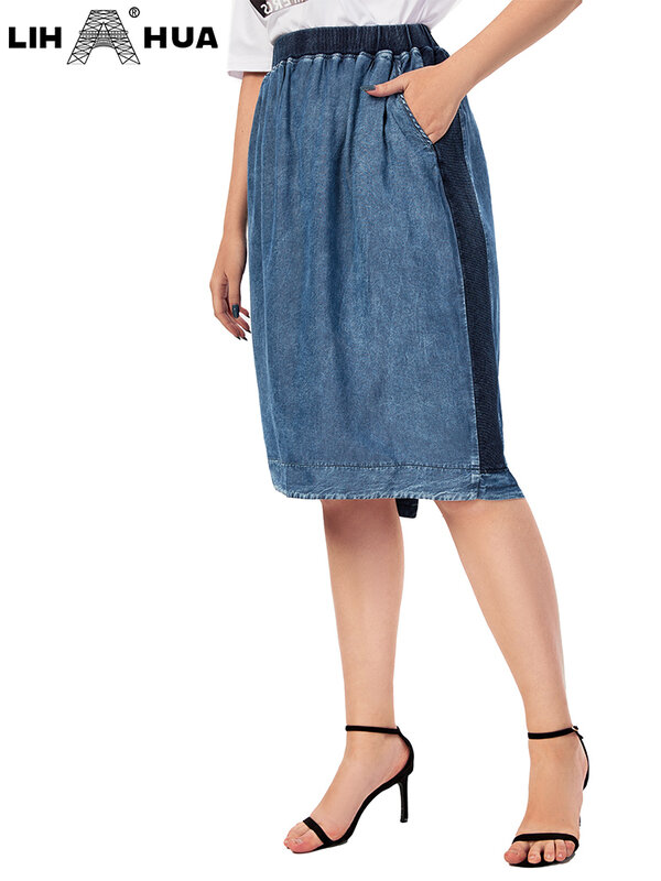 LIH HUA feminino plus size denim saia de alta elasticidade ajuste fino casual moda algodão tecido saia
