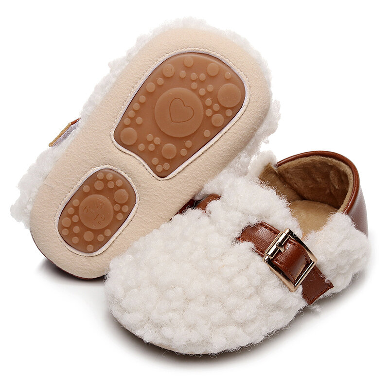 VISgogo Baby Girls Cute Moccasins Belt Buckle Soft Sole Fleece Plush Flats Shoes First Walkers Non-Slip Fall Winter Shoes