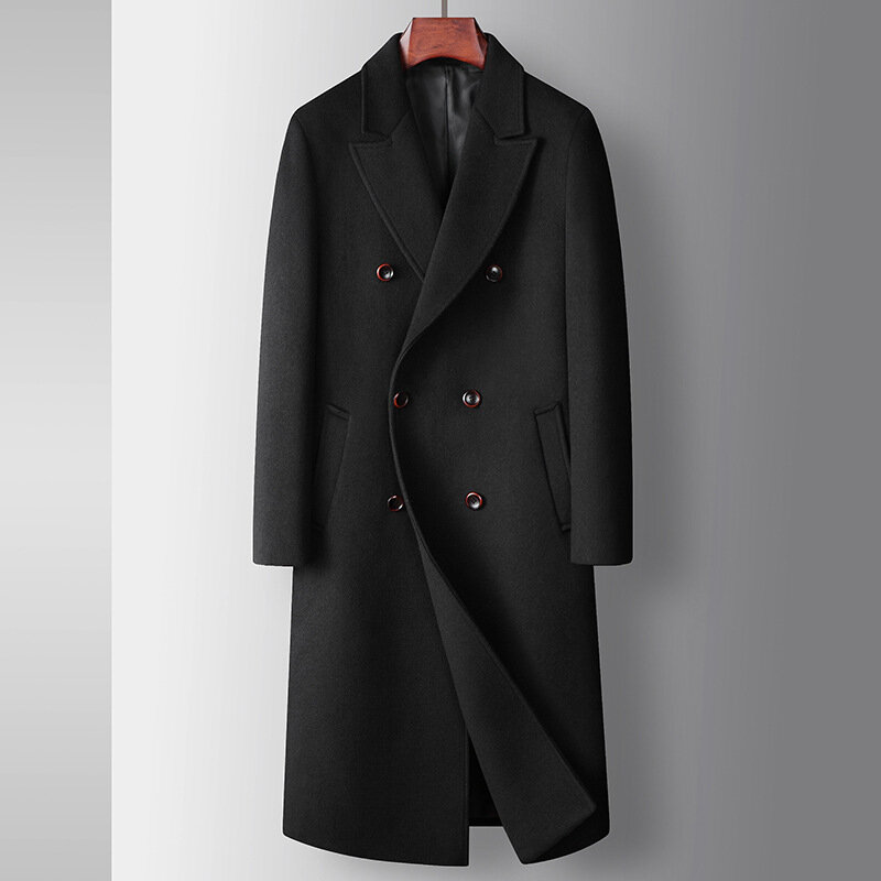 New Smart Casual Double Breasted Woolen Coat Autumn Winter Mid-Length Thicken Suit Collar Jacket Solid Warm Male Outerwear