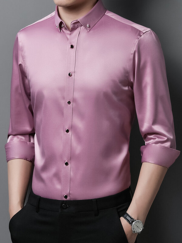Men's Silk Touch Slight Strech Diamond Button-collar Dress Shirt, Formal Occasion, Party Dance Solid Long Sleeve Non-Iron Shirts