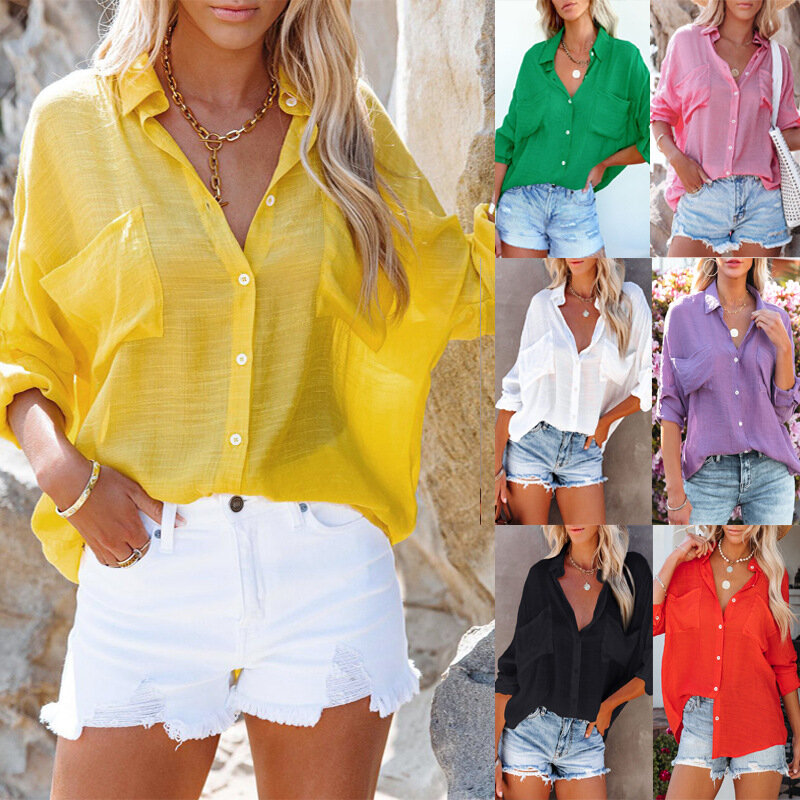 Leisure Women's Shirt 2024 Spring/summer New Product Women's Candy Colored Flip Over Shirt Fashion Large Pocket Shirt