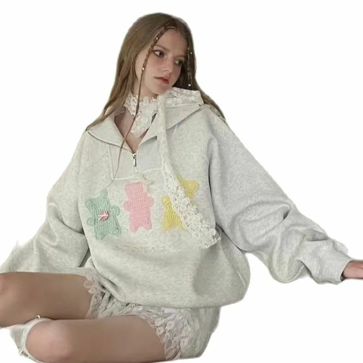 Bär Patch Sweatshirt halben Reiß verschluss Turn-Down-Kragen Pullover weibliches Mädchen adrette Kawaii Kleidung koreanischen Stil Streetwear