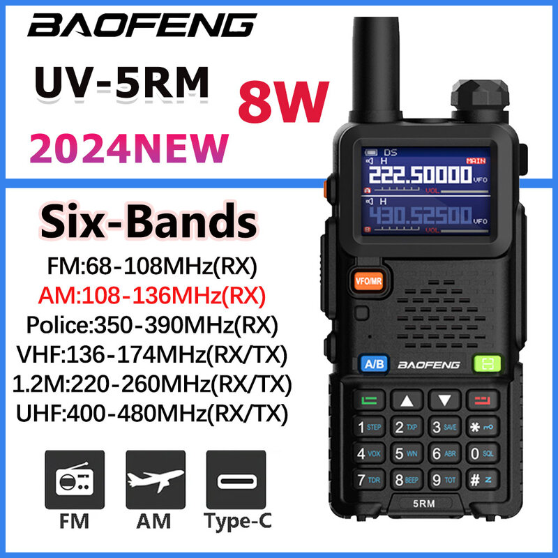 Baofeng-Handheld Multi Band Walkie Talkie, Banda de Aviação AM, Rádio Bidirecional, Carregamento Direto Tipo C, UV-5RM, 8W, 999CH, 2500mAh