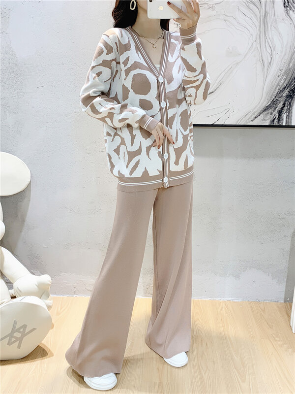 Setelan pakaian rajut wanita, setelan baju rajut wanita lengan panjang leher V, atasan Cardigan Conjuntos, celana kaki lebar pinggang tinggi model Korea