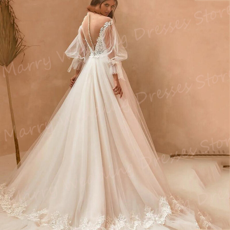 Beautiful O-Neck Tulle Wedding Dresses A-Line Lace Appliques Button Back Long Puff Sleeve Bride Gowns Romantic Robe De Mariee