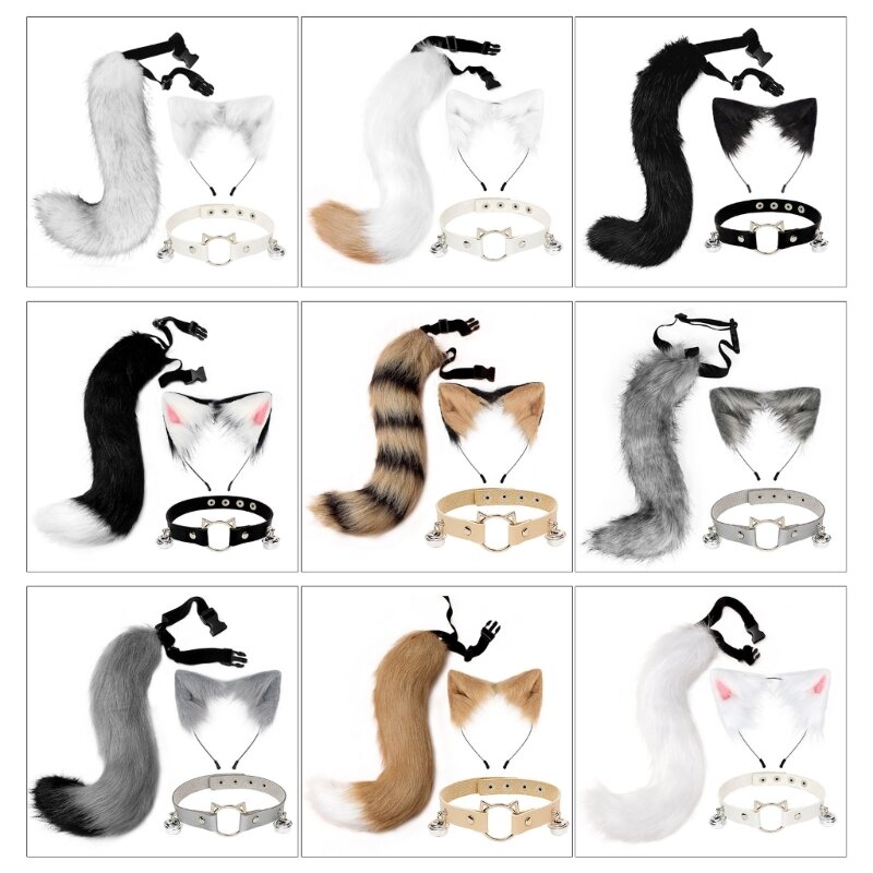 A2ES für Katzenohren Stirnband Plüsch Tierohren Haarband Glocke Chocker Schwanz Set Flauschige Kätzchenohren Kopfbedeckung für