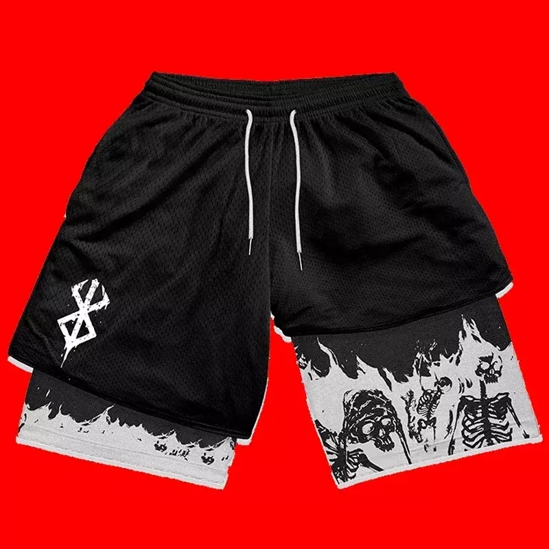 Y2K Summer Men Streetwear Anime Berserk Oversize Active Athletic Gym Short Pants Training Fitness Workout Track Shorts Clothes