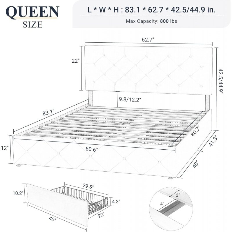 Allewie tapicerowana rozmiar Queen łóżko z pełnymi bokami rama z 4 szuflady do przechowywania i zagłówkiem, diamentowy guzik, materac