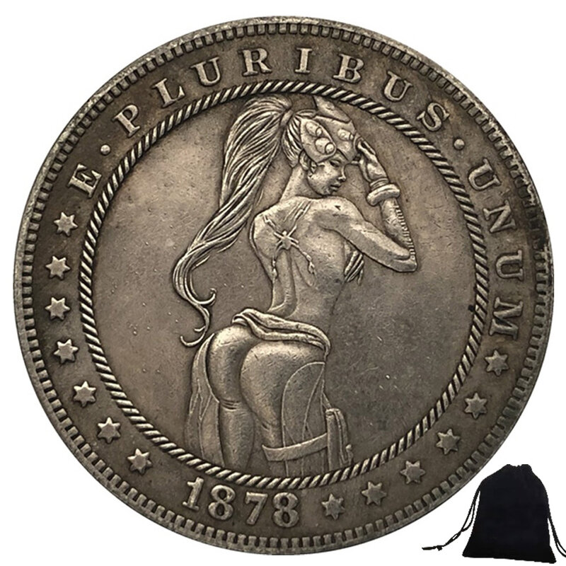 Luxury Liberty Big-Ass Girl One-Dollar 3D Art Couple Coins, Funny Pocket Decision Coin, Lucky Coin conmemorativo + bolsa de regalo