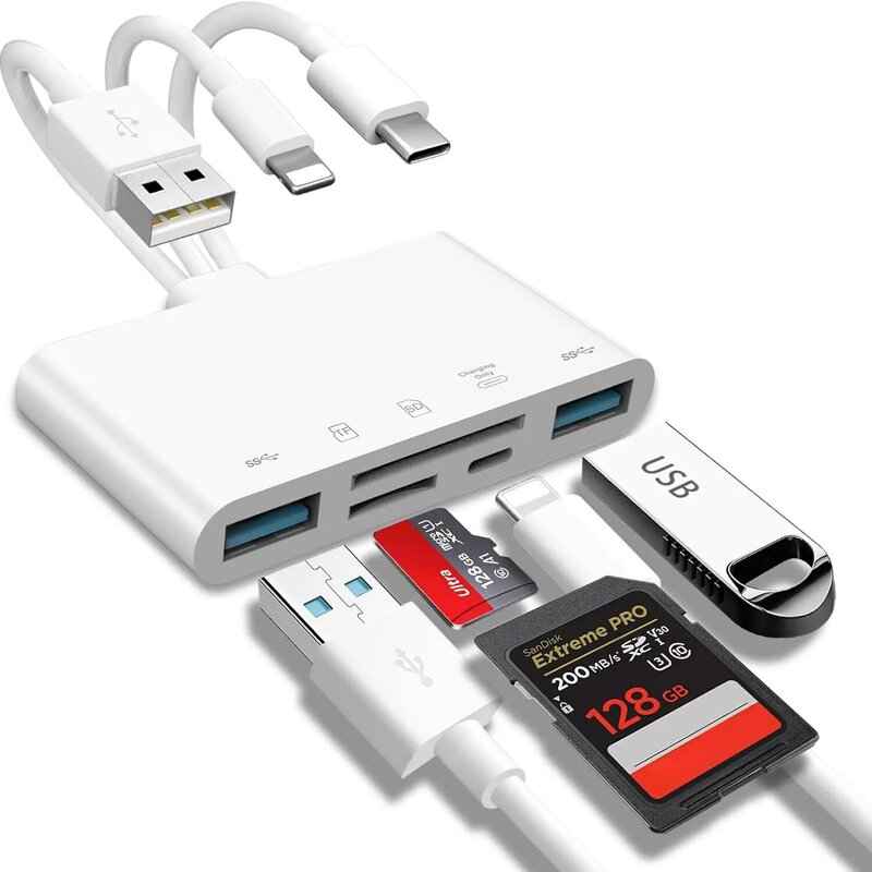 5-in-1 memory card reader, USB OTG adapter and SD card reader, suitable for i-Phone/i-Pad, USB C and USB A devices, with Micro S