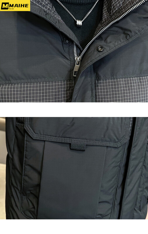 대형 포켓 스티칭 캐주얼 웜 다운 재킷, 화이트 구스 다운 패딩 재킷, 겨울 남성 의류